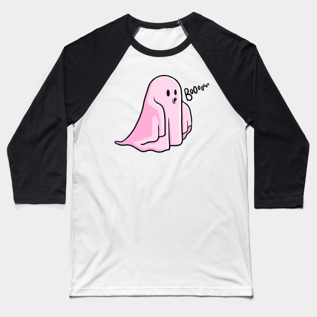 Cute Pink Ghost Saying Boo Illustration Baseball T-Shirt by AlmightyClaire